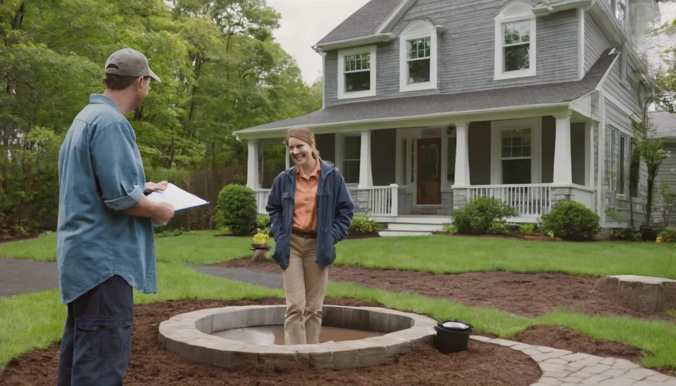 A local septic provider and a homeowner reviewing a repair estimate near a yard in the Old Westbury area