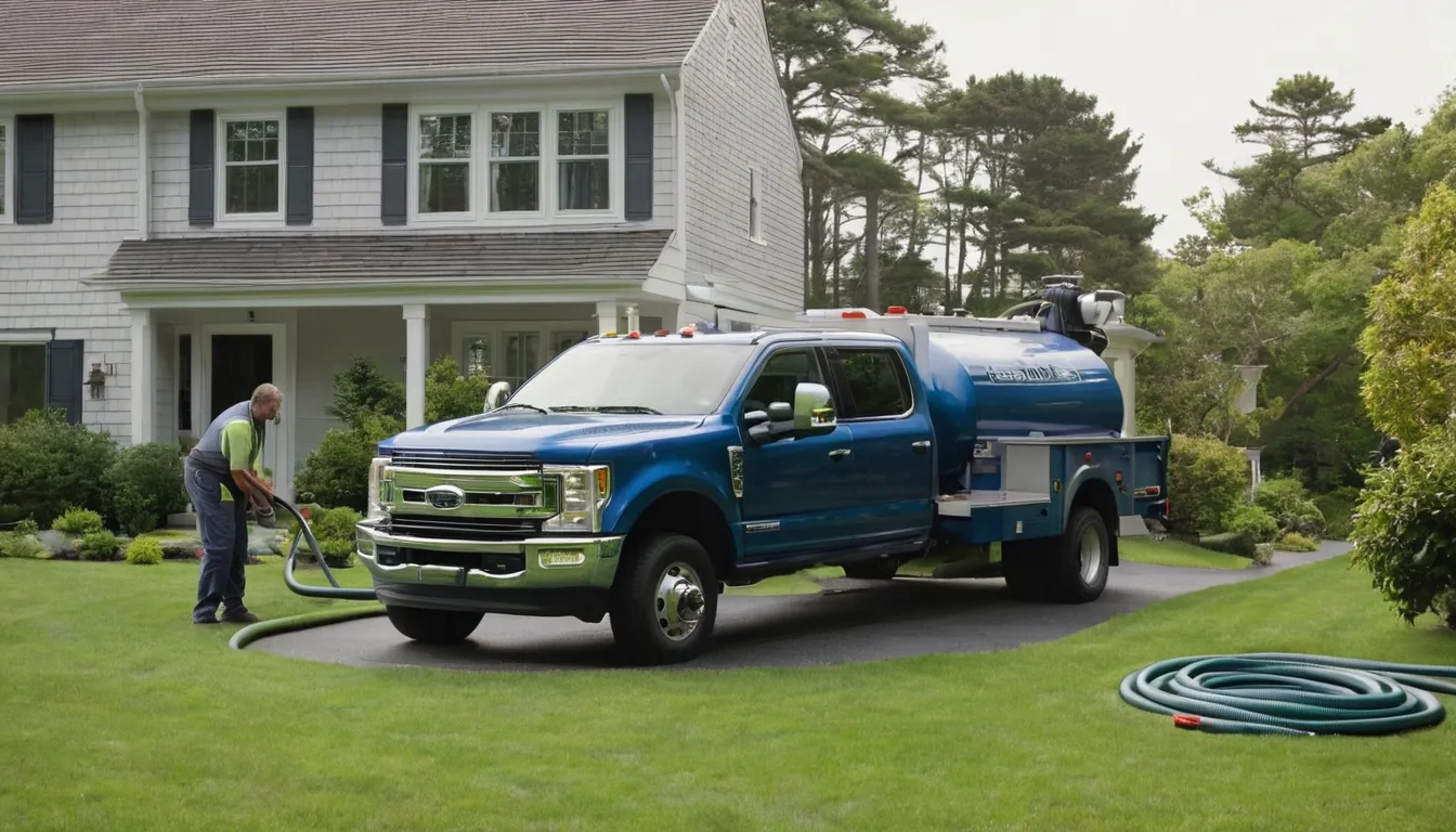 A friendly septic provider pumping a residential tank beside a home in Old Westbury